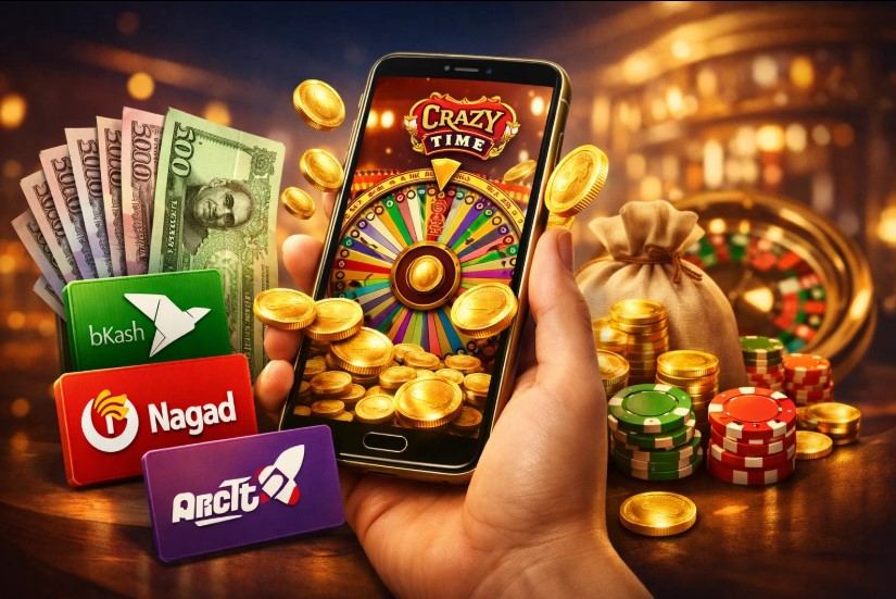 Mobile casino cashier in Bangladesh showing bKash, Nagad, Rocket and Upay options for Crazy Time payments